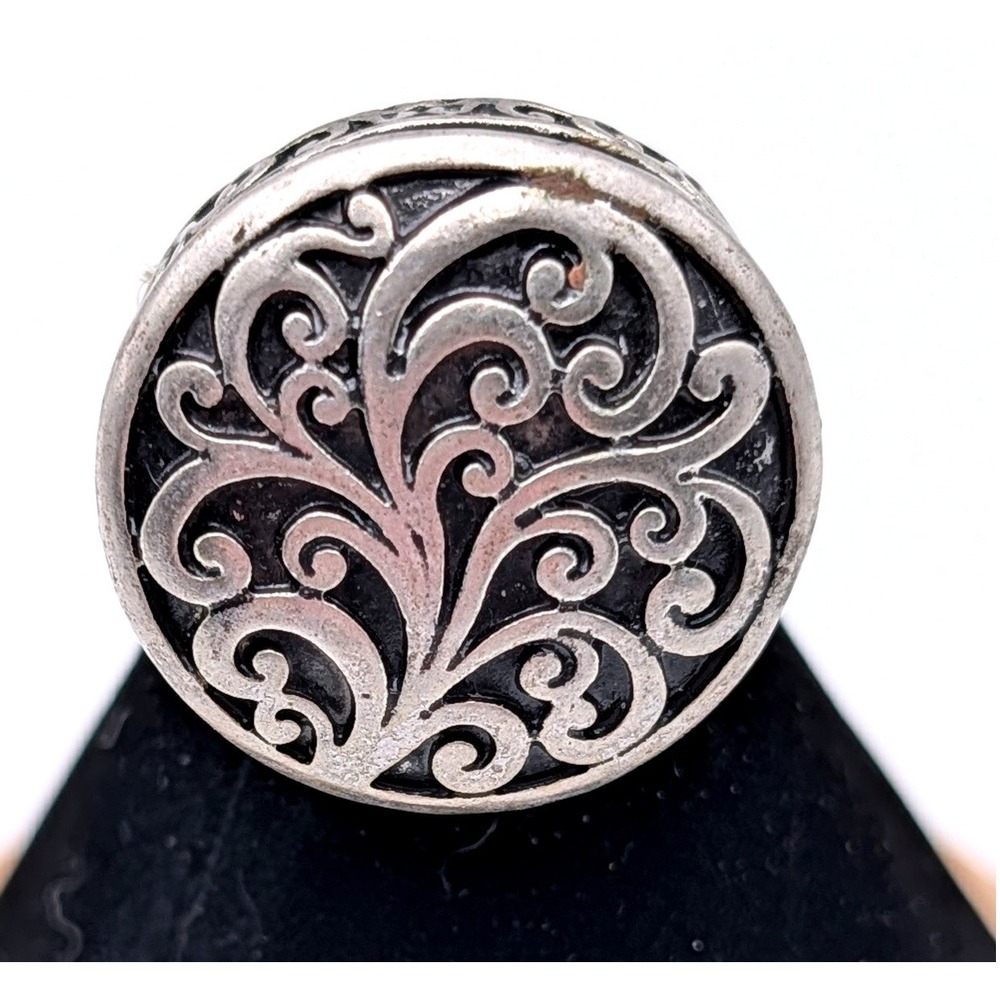 Silver Tone Scroll Filigree Statement Stretch Ring Antiqued Finish